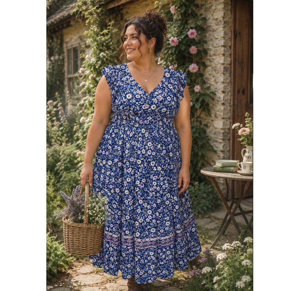 Lane Bryant Womens Sz 22 Blue Floral Cotton Maxi Dress Cottagecore Peasant Boho